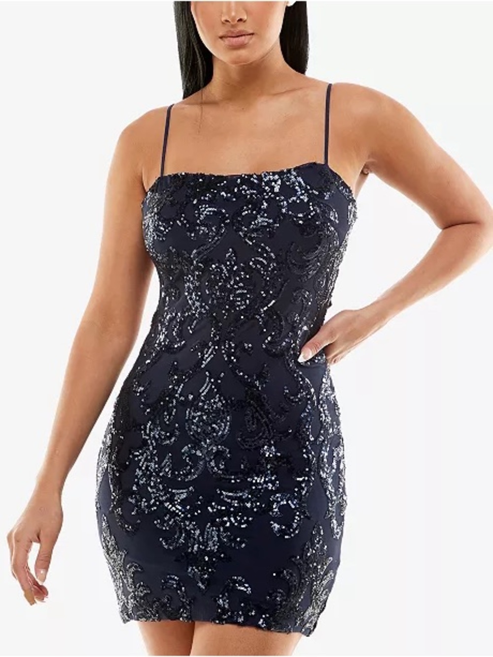 NEW: Navy Sequin Mini Dress with Tie Back, Size 1/2